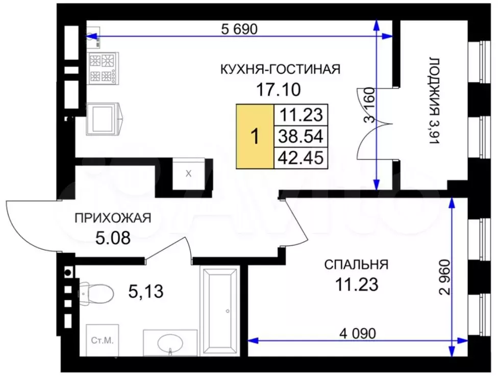 1-к. квартира, 42,5м, 3/7эт. - Фото 1