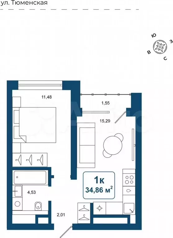 1-к. квартира, 34,9 м, 5/17 эт. - Фото 0