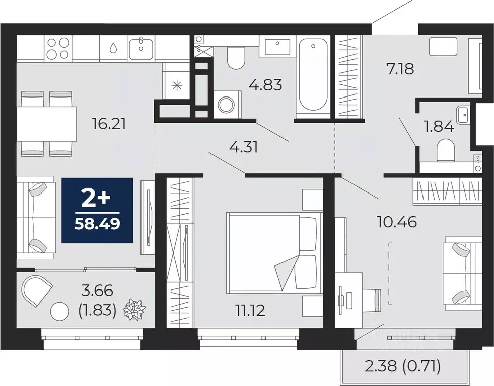 2-к кв. Тюменская область, Тюмень Энтузиастов мкр,  (55.95 м) - Фото 0