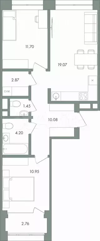 2-к. квартира, 63,1 м, 2/9 эт. - Фото 0