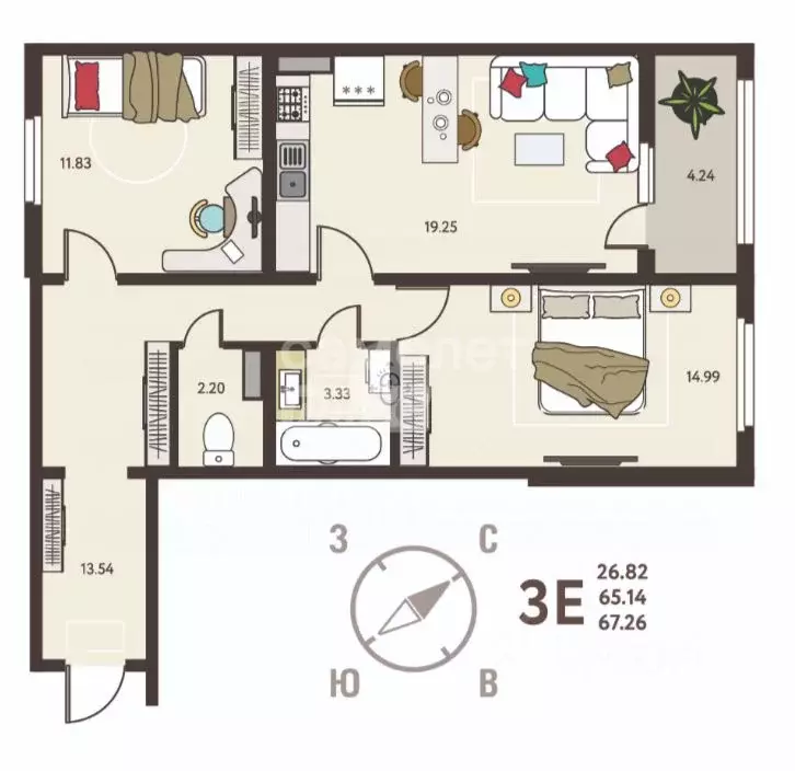 2-к кв. Липецкая область, Липецк ул. Механизаторов, 15А (67.26 м) - Фото 2