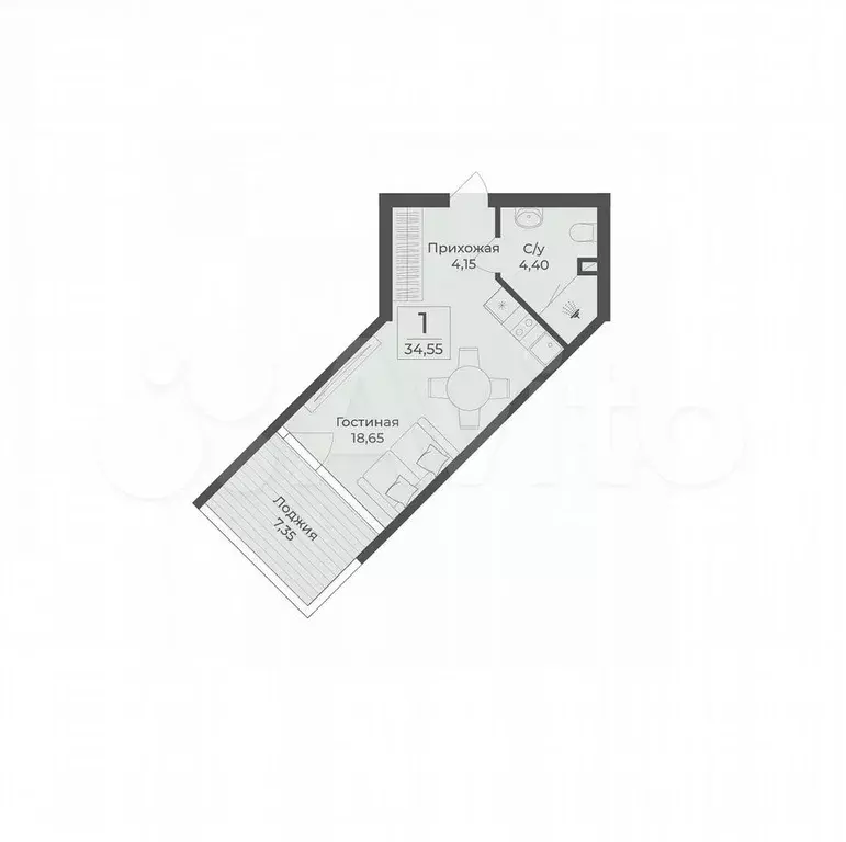 Апартаменты-студия, 34,6 м, 3/12 эт. - Фото 1