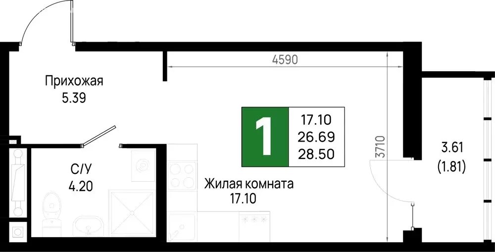 1-комнатная квартира: Новосаратовка, ЖК Имена (28.5 м) - Фото 1