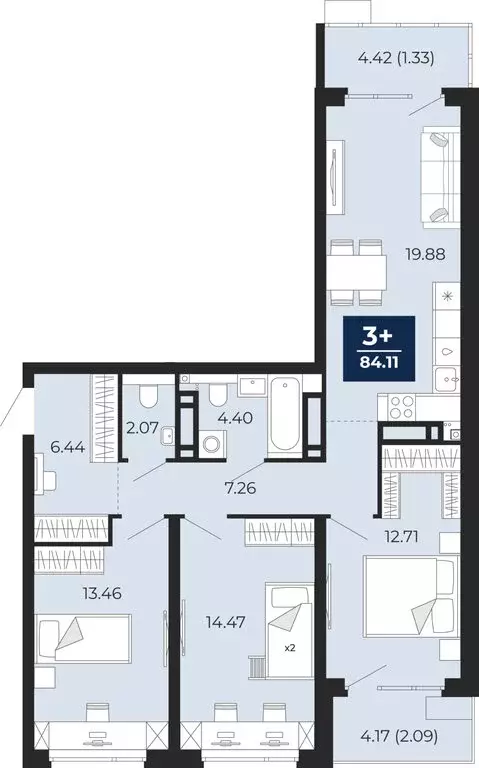 3-комнатная квартира: Тюмень, Арктическая улица, 16 (89.28 м) - Фото 1