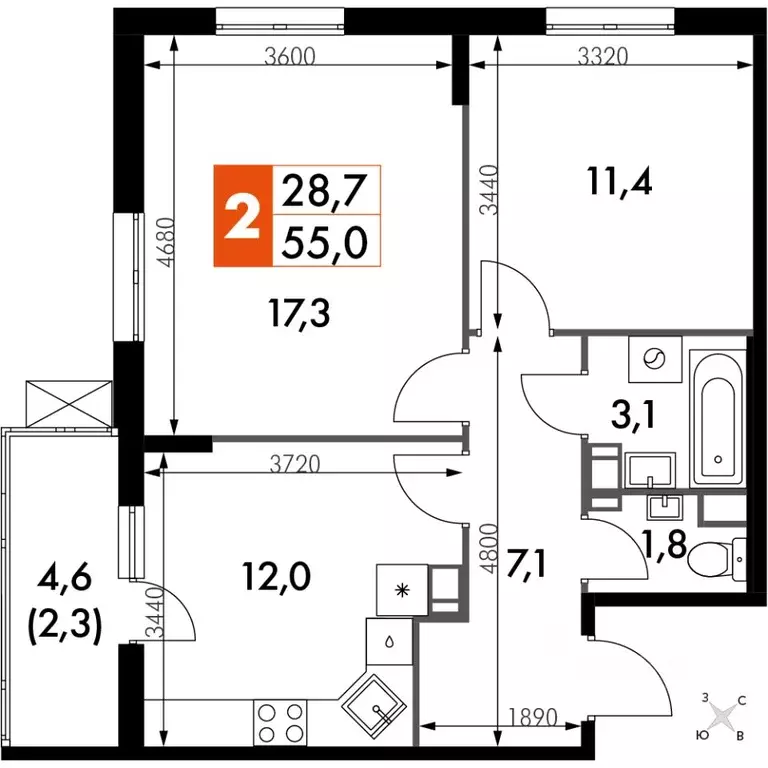 2-к кв. Калужская область, Обнинск просп. Ленина, 211 (55.3 м) - Фото 0