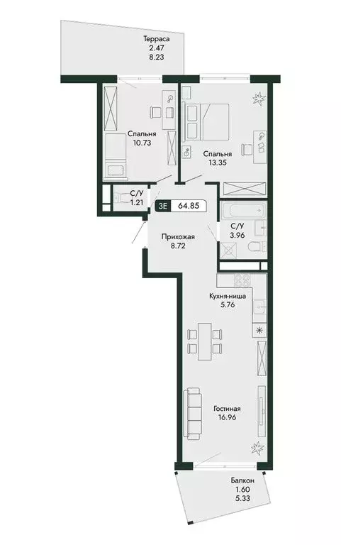 3-комнатная квартира: Алушта, ЖК Парковая Резиденция (64.85 м) - Фото 2