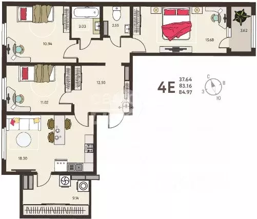 3-к кв. Курская область, Курск ул. Энгельса, 115 (84.97 м) - Фото 1