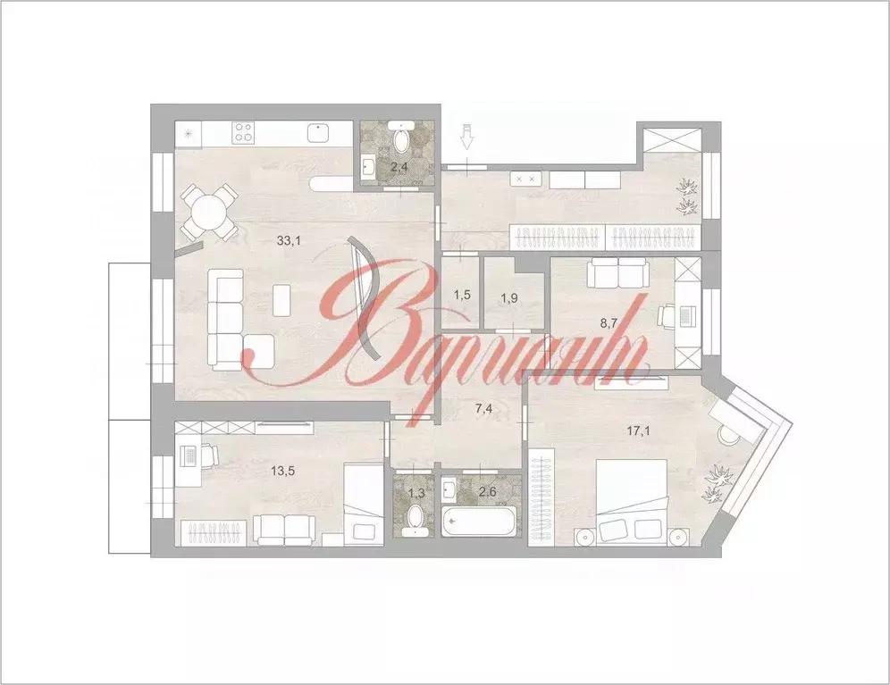 3-к кв. Архангельская область, Северодвинск ул. Ломоносова, 103 (89.5 ... - Фото 2
