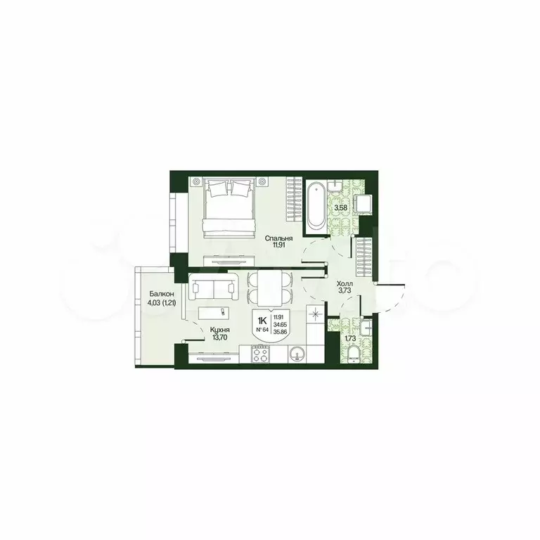 1-к. квартира, 35,9 м, 4/4 эт. - Фото 0