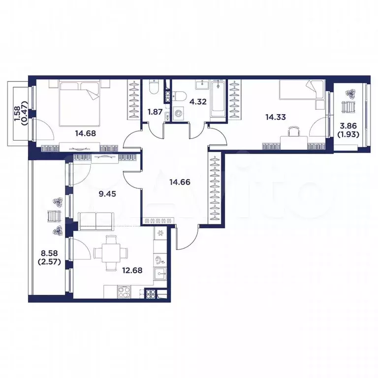 2-к. квартира, 77 м, 4/4 эт. - Фото 1