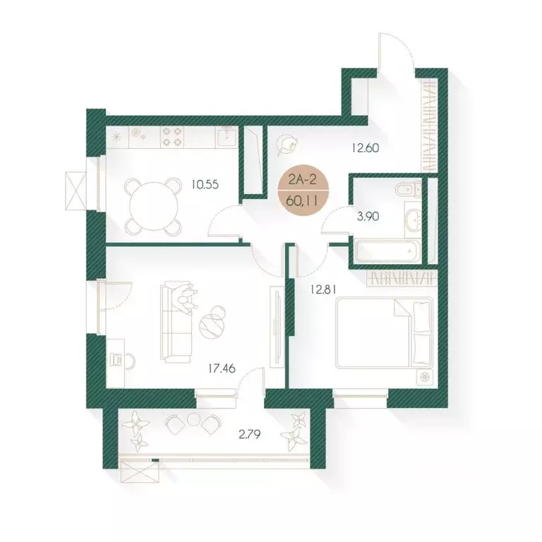 2-к кв. Татарстан, Казань Родины мкр, Наследие жилой комплекс (60.11 ... - Фото 1