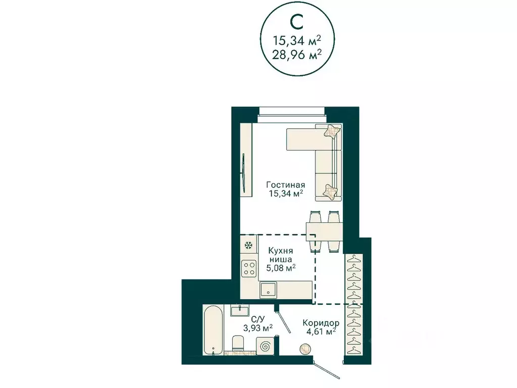 Студия Башкортостан, Уфа Сердце Уфы жилой комплекс (28.96 м) - Фото 2