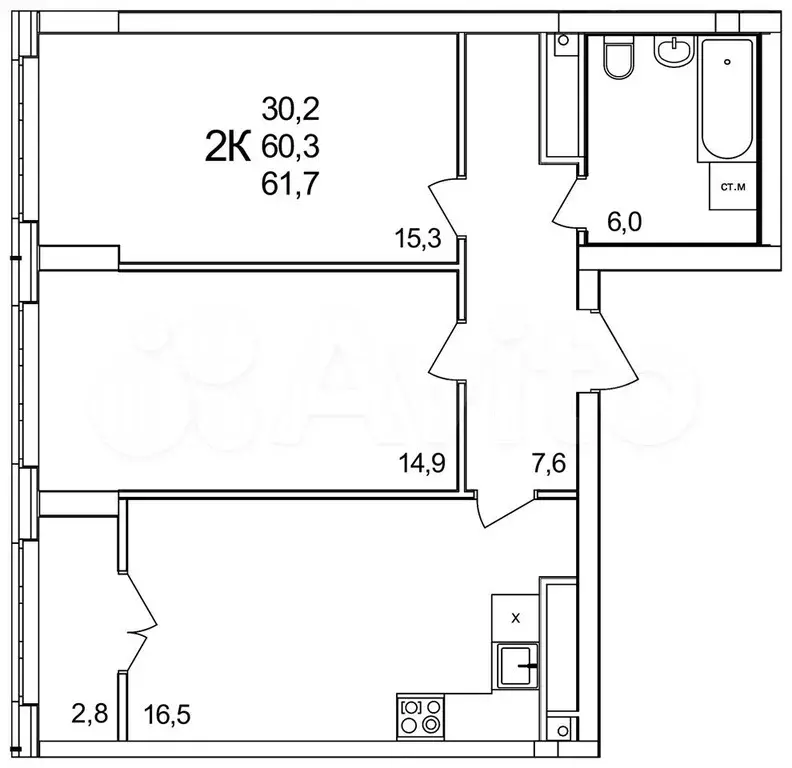 2-к. квартира, 61 м, 15/25 эт. - Фото 0