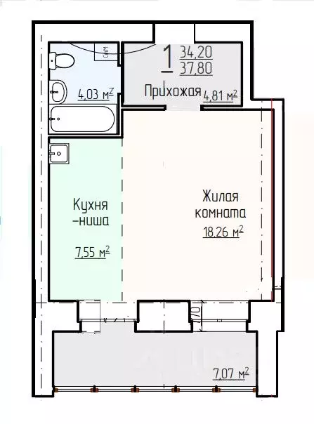 1-к кв. Амурская область, Благовещенск Литейная ул., 95 (37.8 м) - Фото 1