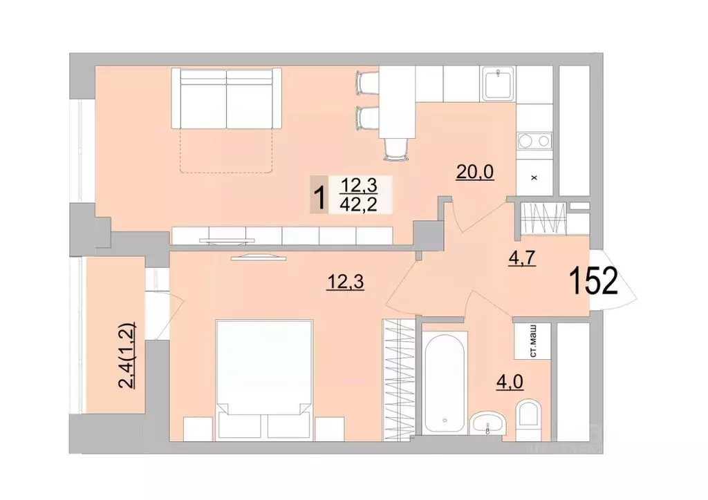 1-к кв. Свердловская область, Екатеринбург ул. Черкасская, 5к3 (42.2 ... - Фото 1