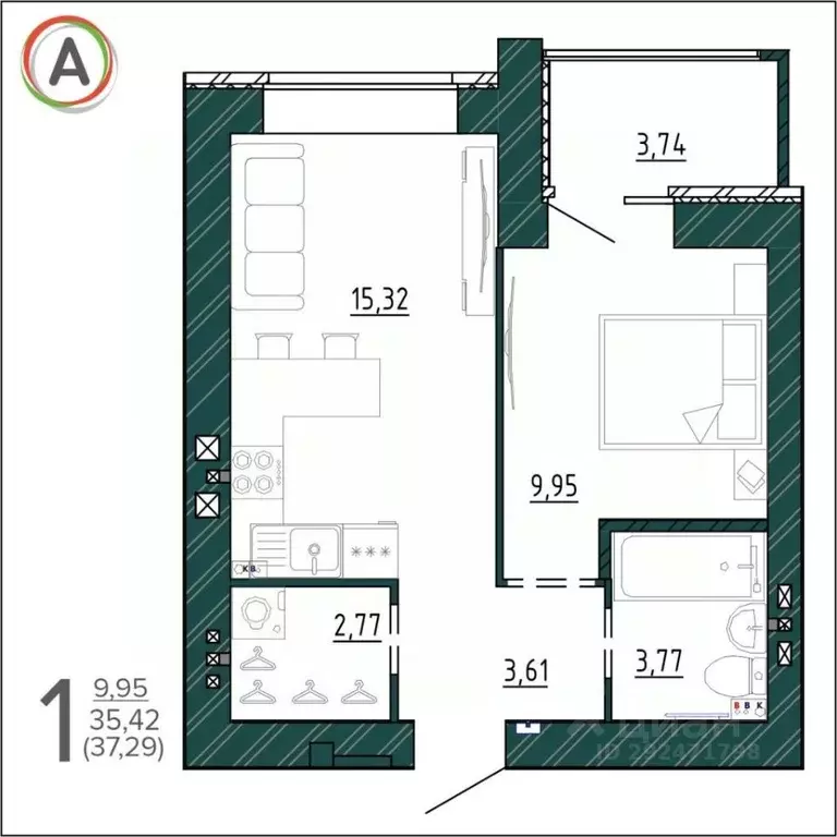 1-к кв. Брянская область, Брянск ул. Ульянова, 24 (37.29 м) - Фото 0