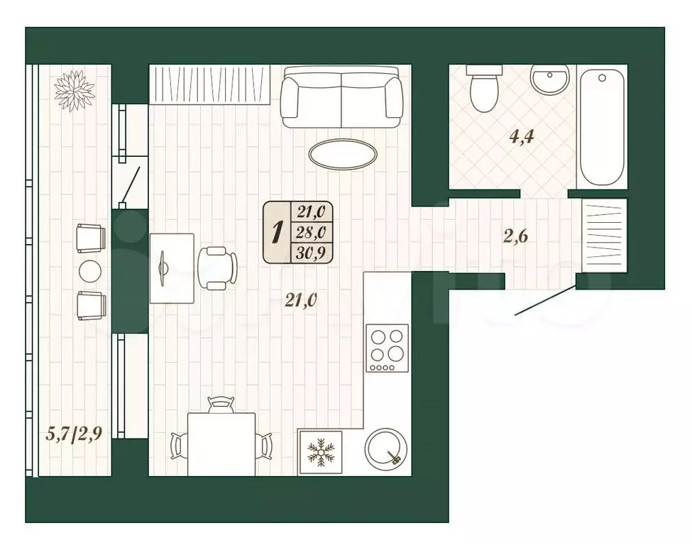 Квартира-студия, 28 м, 9/16 эт. - Фото 0