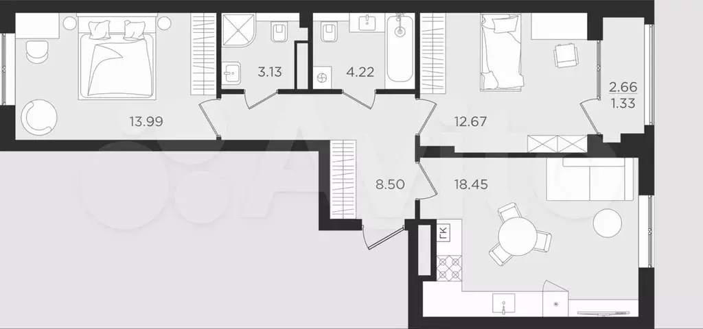 2-к. квартира, 62,5 м, 1/9 эт. - Фото 1