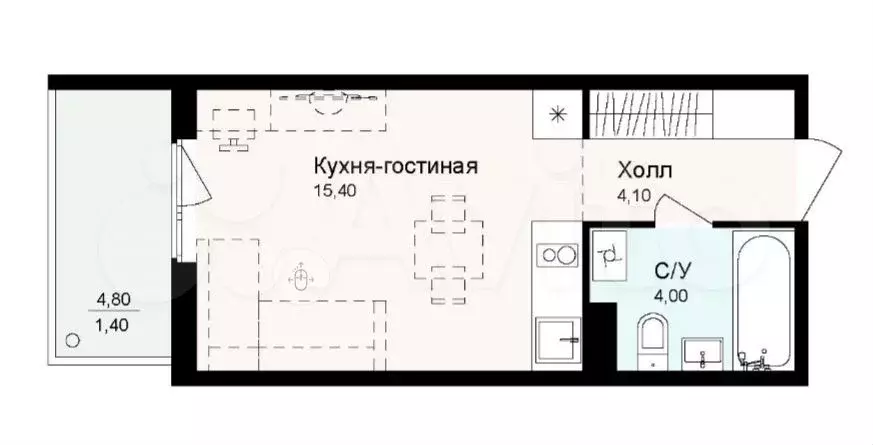 Квартира-студия, 24,9 м, 4/4 эт. - Фото 0