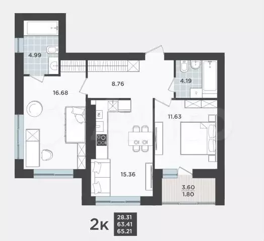 2-к. квартира, 63,4 м, 2/9 эт. - Фото 1