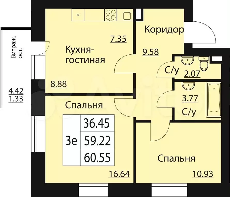 3-к. квартира, 60,6 м, 3/8 эт. - Фото 0