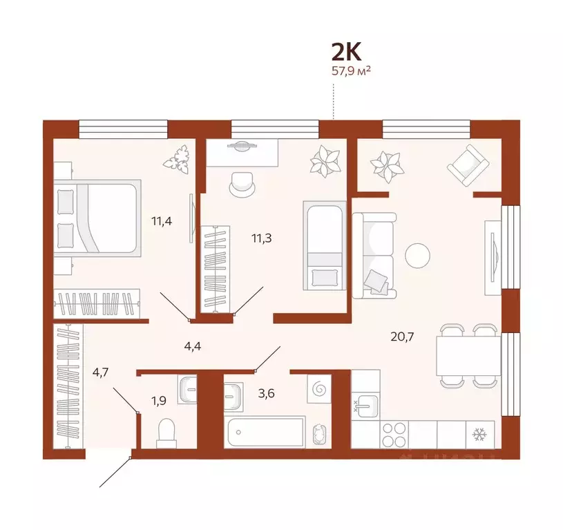 2-к кв. Тюменская область, Тюмень  (57.9 м) - Фото 0