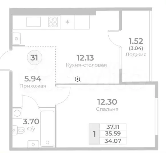 1-к. квартира, 35,6 м, 8/10 эт. - Фото 1