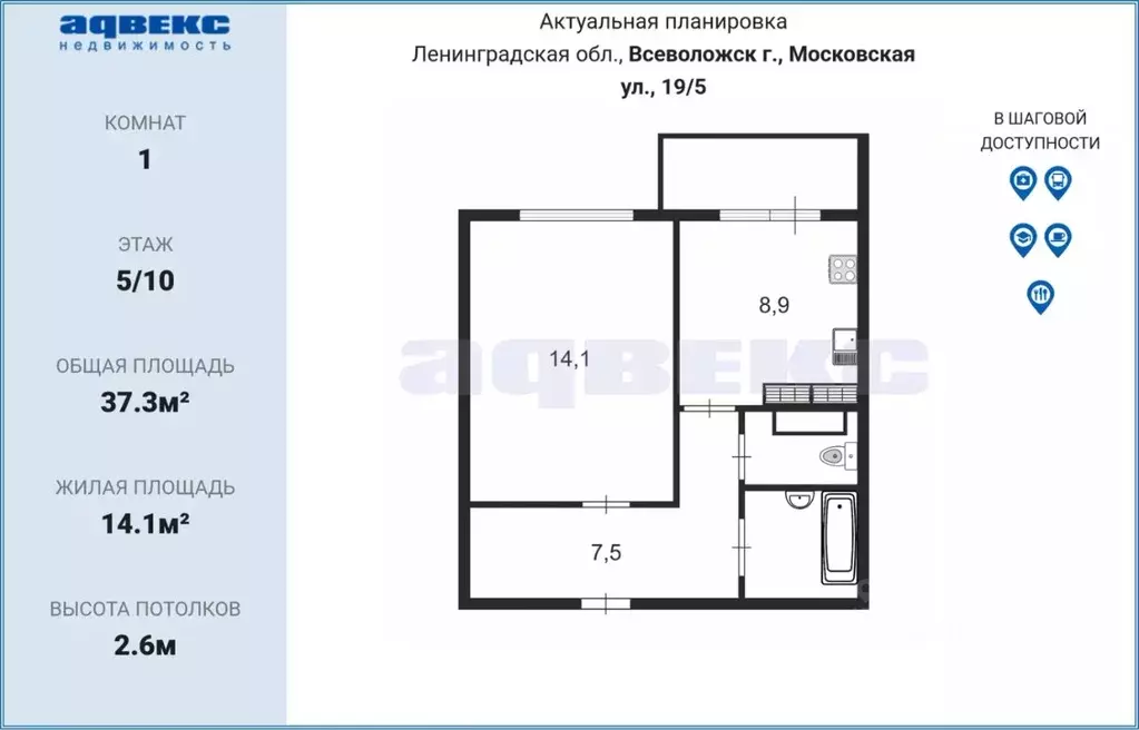 1-к кв. Ленинградская область, Всеволожск Южный мкр, ул. Московская, ... - Фото 1