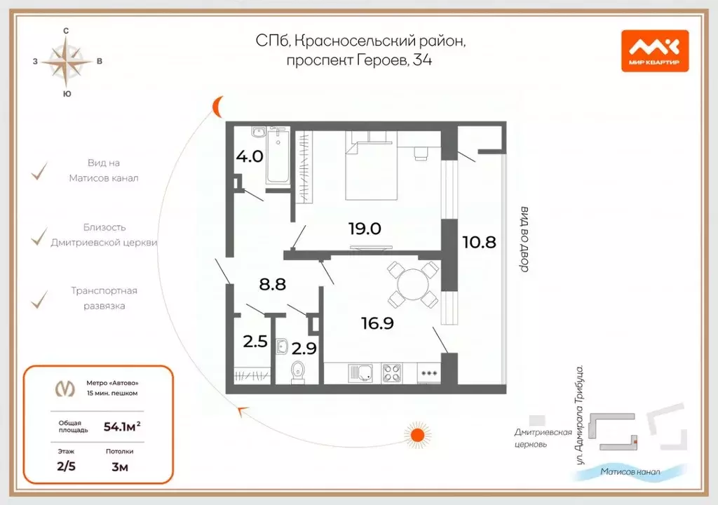 1-к кв. Санкт-Петербург просп. Героев, 34 (54.1 м) - Фото 2