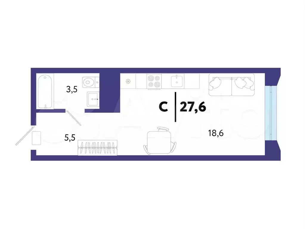 Квартира-студия, 27,6 м, 3/25 эт. - Фото 1