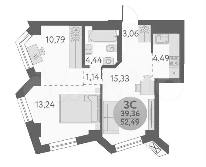 3-к. квартира, 52,5 м, 5/29 эт. - Фото 0