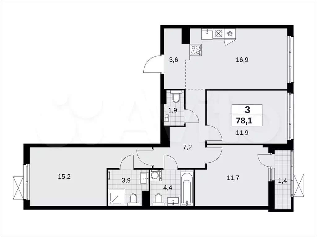 3-к. квартира, 78,1м, 8/11эт. - Фото 1