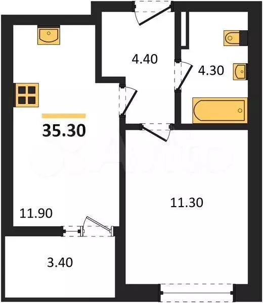 1-к. квартира, 35,3 м, 7/8 эт. - Фото 1