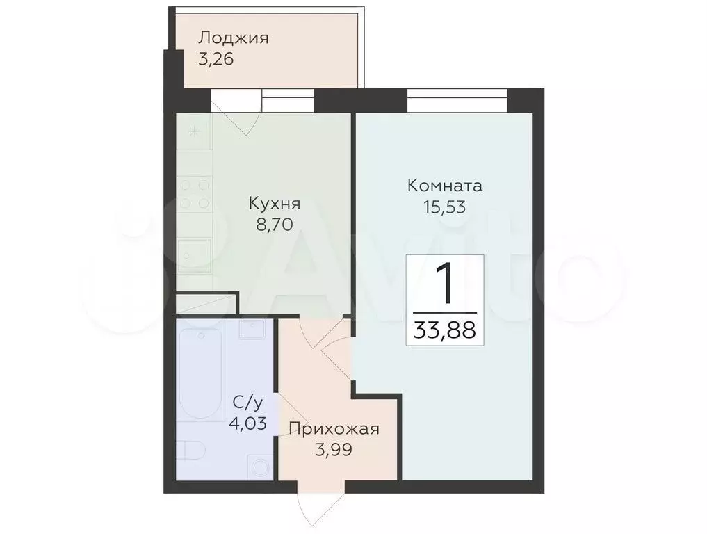1-к. квартира, 33,9 м, 14/15 эт. - Фото 0