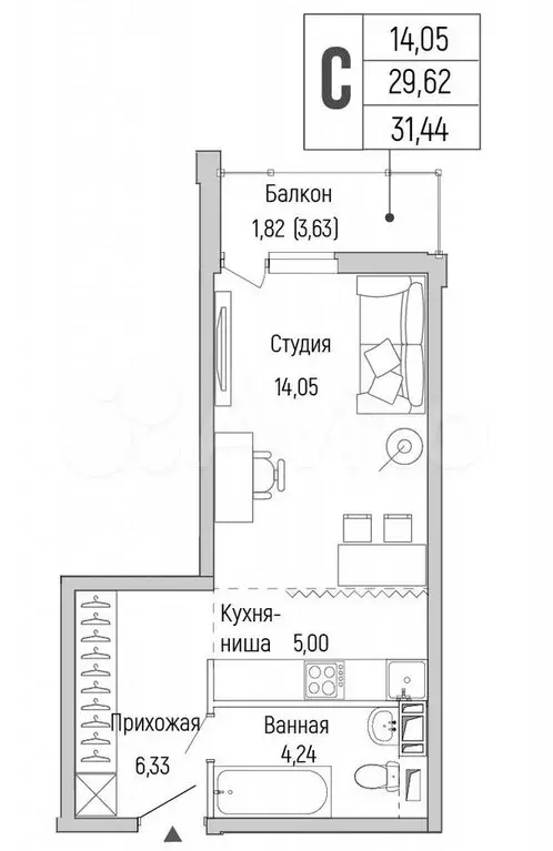 Квартира-студия, 31,4 м, 4/9 эт. - Фото 0