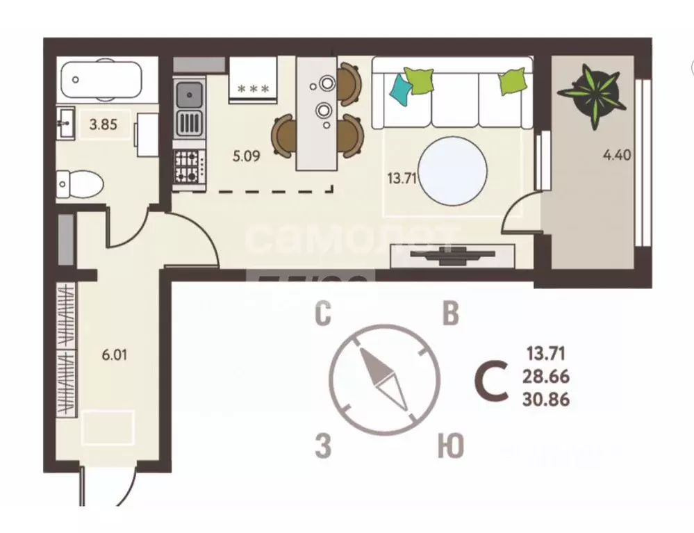 Студия Липецкая область, Липецк ул. Механизаторов, 15Авл1 (30.86 м) - Фото 2
