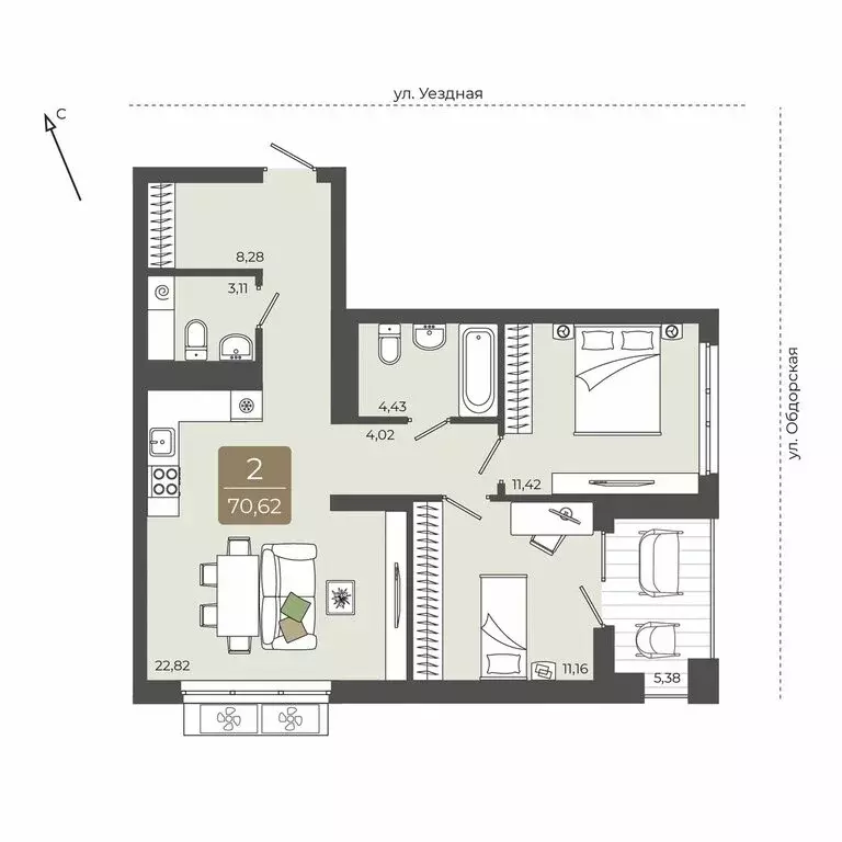 2-комнатная квартира: Тюмень, ЖК Мидгард на Уездной (70.62 м) - Фото 0