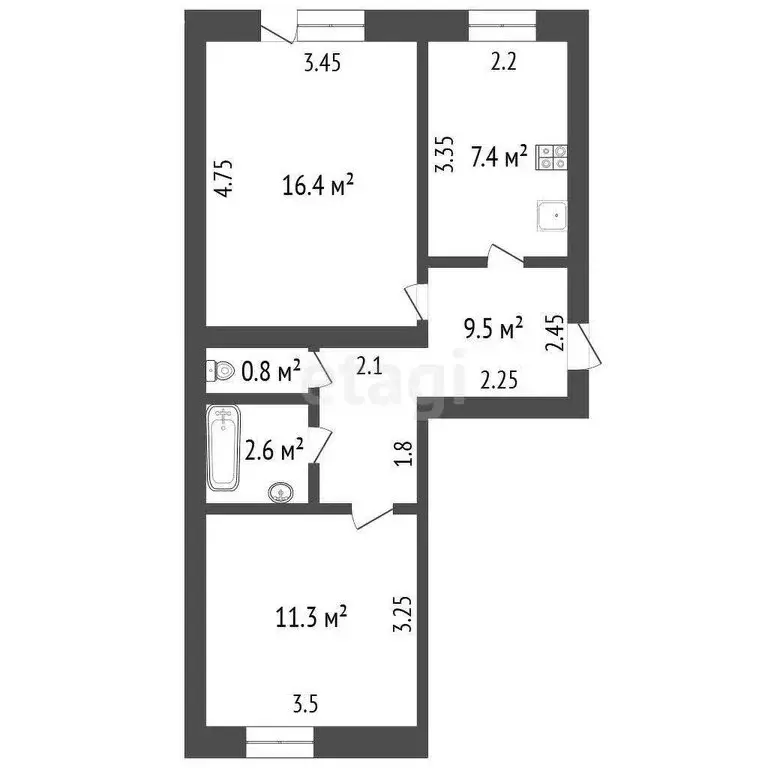 2-комнатная квартира: Ялуторовск, Заводская улица, 2 (48.4 м) - Фото 1