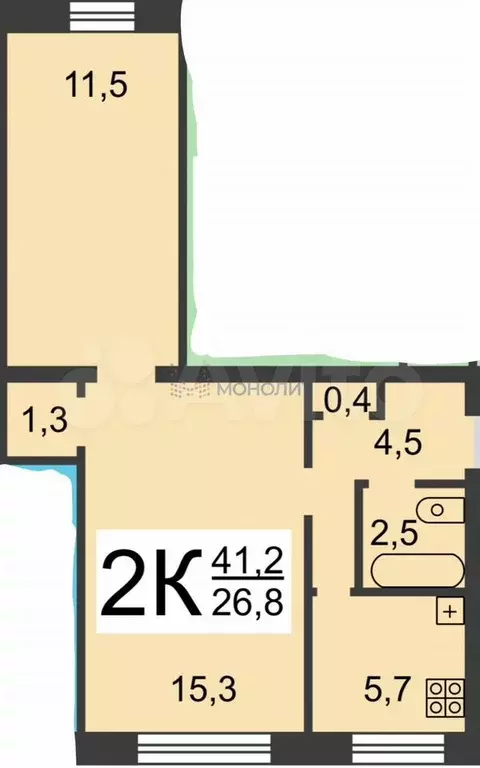 2-к. квартира, 41 м, 1/2 эт. - Фото 0