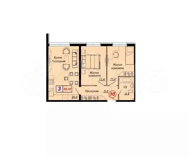 Квартира-студия, 55,4 м, 1/16 эт. - Фото 1