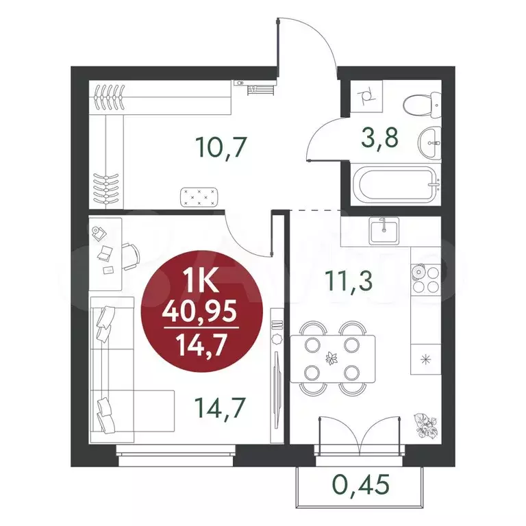 1-к. квартира, 41 м, 5/14 эт. - Фото 0