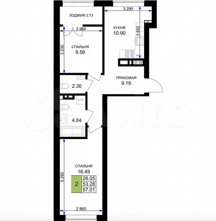 2-к. квартира, 57 м, 7/7 эт. - Фото 1