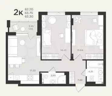 2-к. квартира, 65,3 м, 2/4 эт. - Фото 1