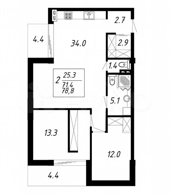 2-к. квартира, 78,8 м, 7/8 эт. - Фото 0