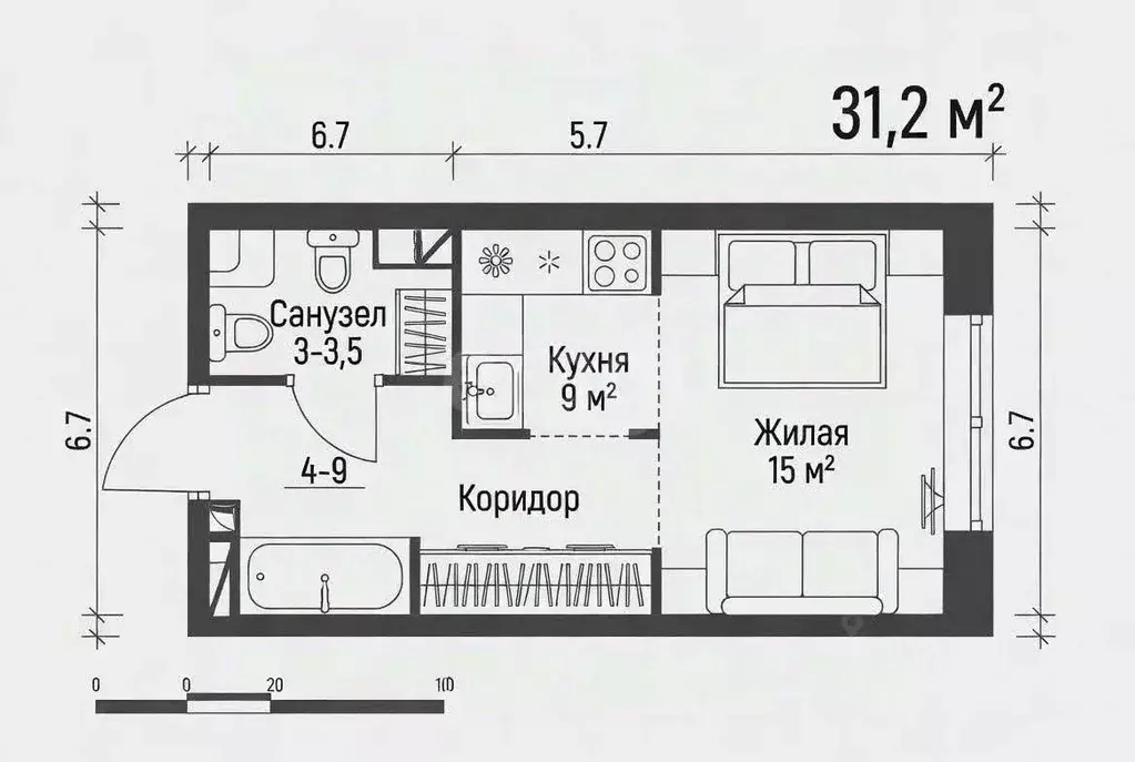 1-к кв. Тульская область, Тула ул. Героя России Зиничева, 3 (31.2 м) - Фото 2