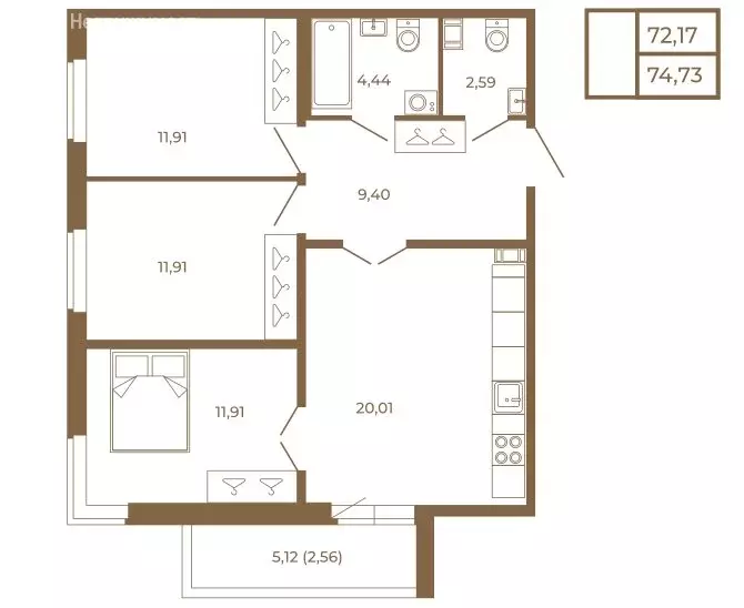 3-комнатная квартира: Сертолово, ЖК Новая История (74.73 м) - Фото 1