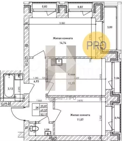 2-к. квартира, 49,5м, 12/14эт. - Фото 1