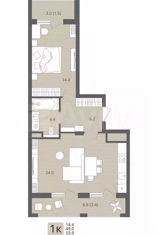 1-к. квартира, 53,9 м, 3/7 эт. - Фото 1