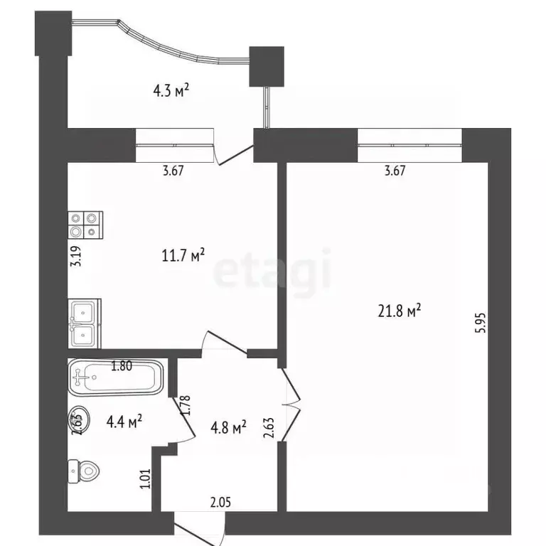1-к кв. Тюменская область, Тюмень ул. Циолковского, 13 (42.7 м) - Фото 2
