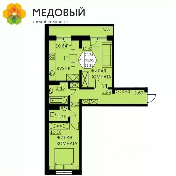 2-к кв. Пермский край, д. Кондратово ул. Г.Н. Нифантова, 4А (51.6 м) - Фото 0